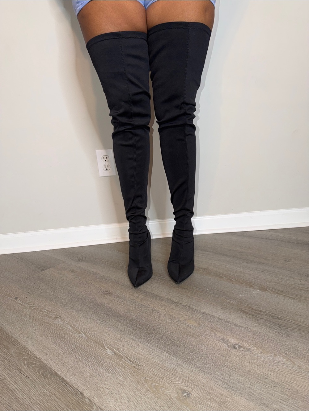 Fashion Nova Black Over-the-Knee Pointed Toe Stretch Boots